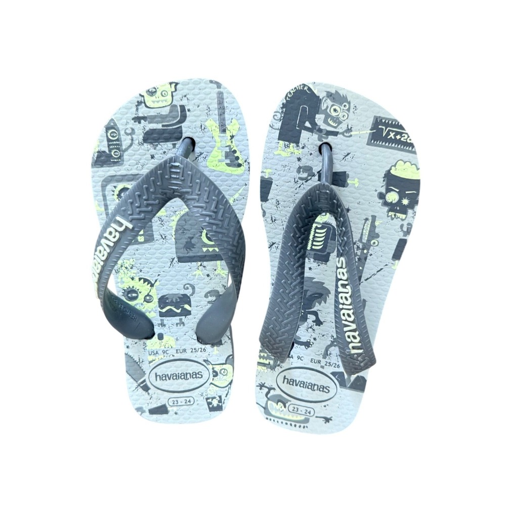 Havaianas Kids Monster Rock Graphic Flip Flops Grey Neon Green USA 9C EUR 25/26